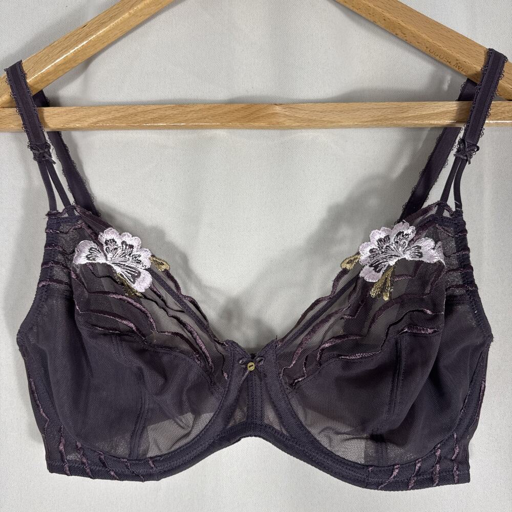 Wacoal Women’s 36DD Sheer Mesh Underwire Bra Purple Floral Embroidered Lingerie